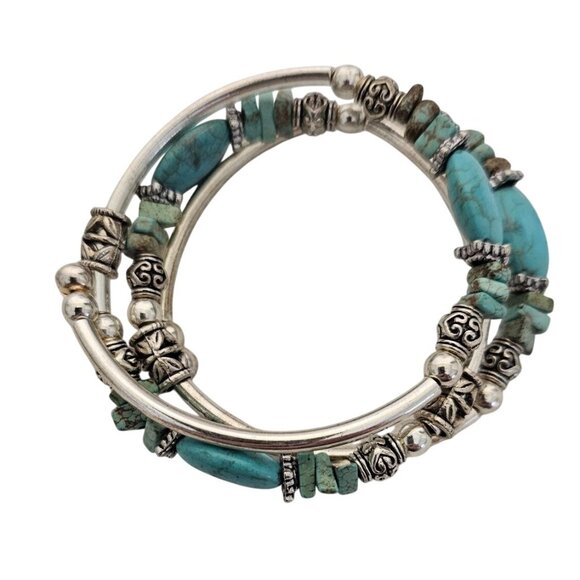 Turquoise & Silver Tone Beaded Coil Wrap Bracelet - 2 Inches Diameter - Picture 2 of 5